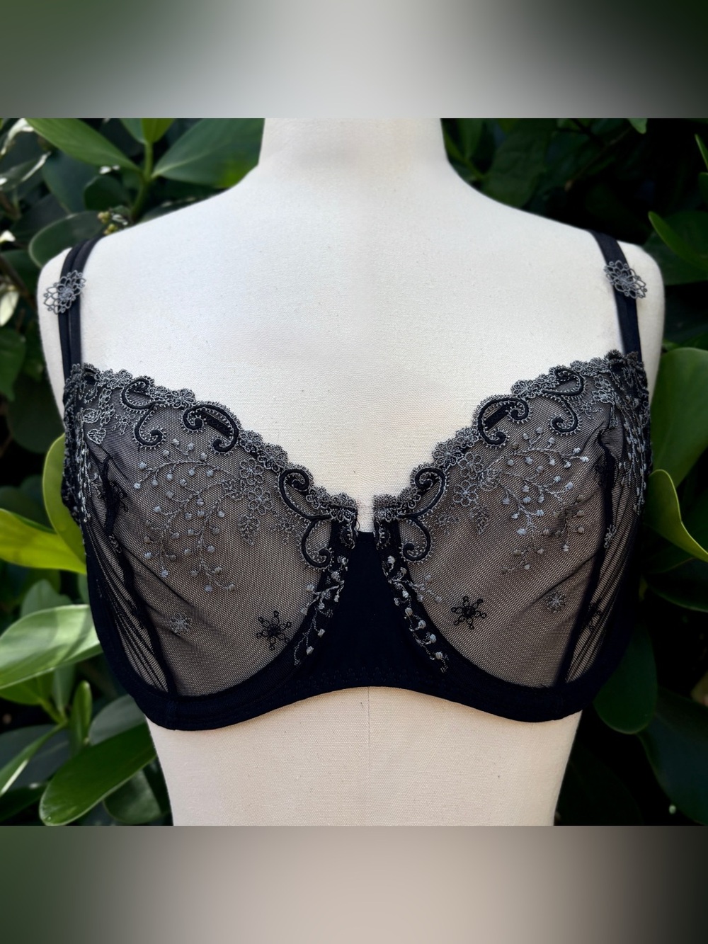 Simone Perele Black Delice Bra 34C UW Demi Cup Sheer Floral Embroidered